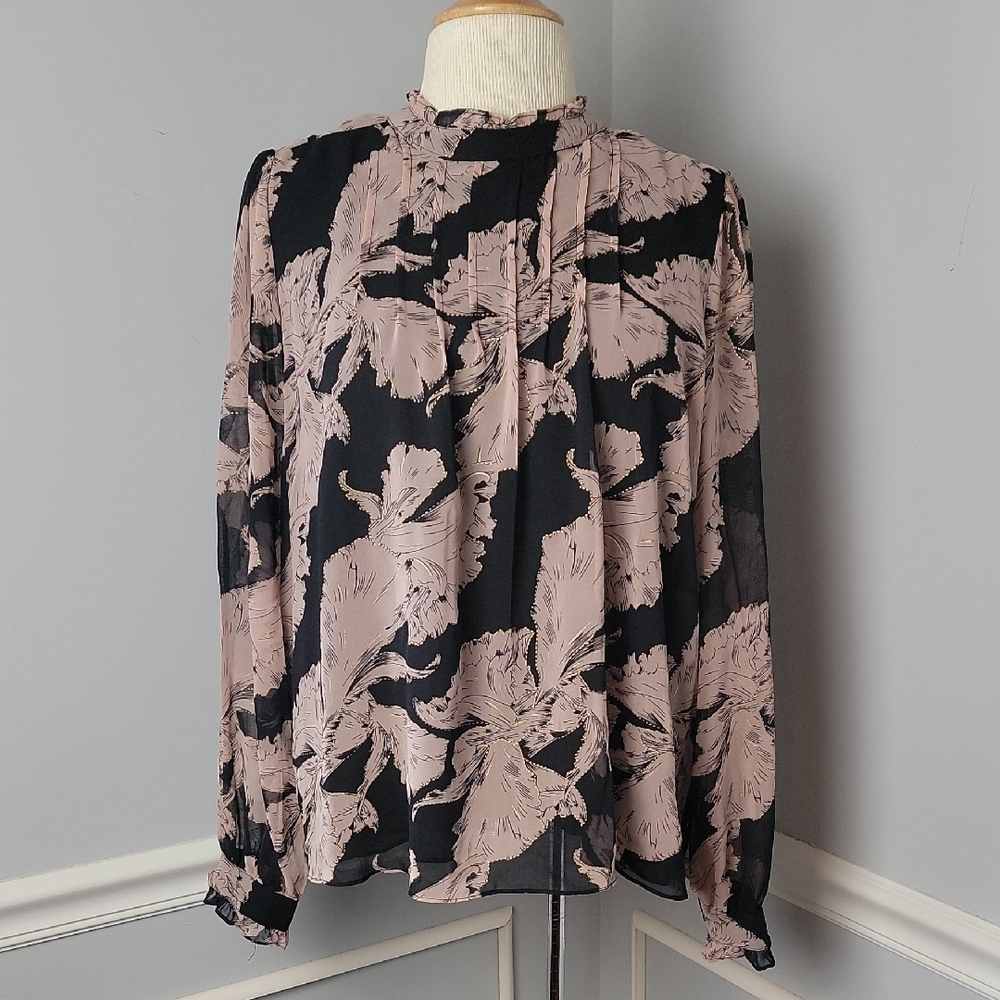 MELLODAY Women's Black Floral Metallic Ruffle‎ Pintuck Party Semi Sheer Blouse L
